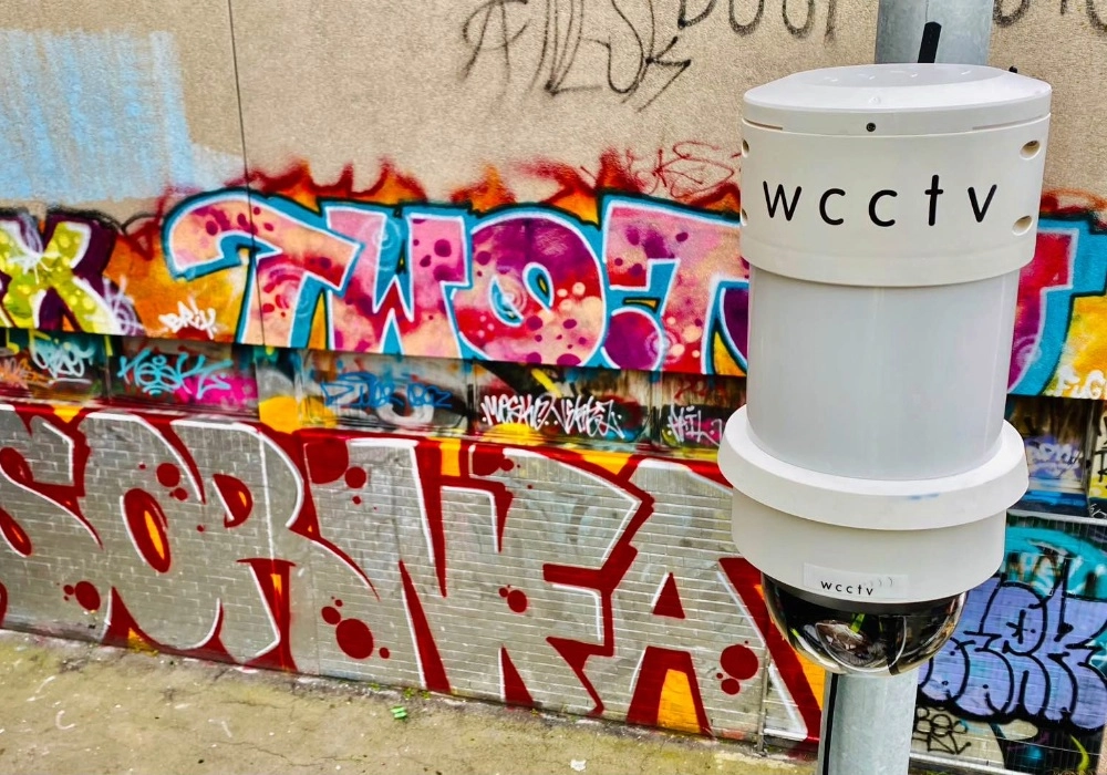 WCCTV Redeployable CCTV Camera installed in front of a Graffitied Wall